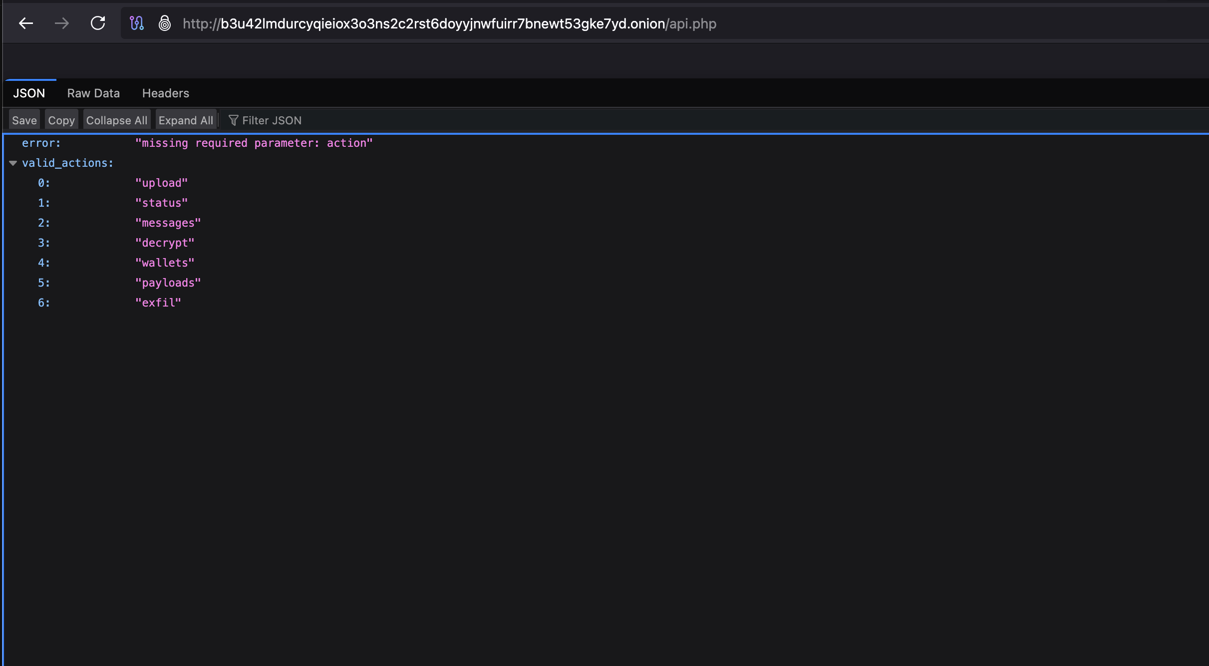 API response listing seven available actions